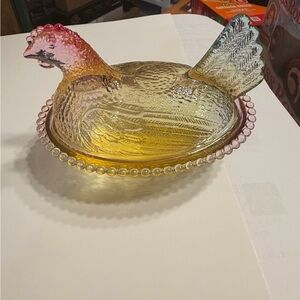 New 4.5” inch Amber Iridescent Carnival Glass Hen on Nest Candy Dish. Perfect fo
